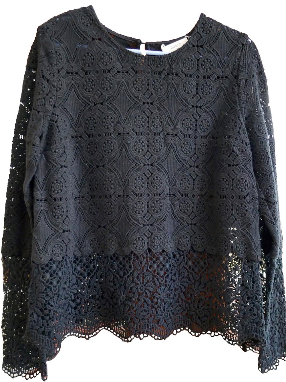 French brand BA&SH Black Lace Crochet Long-Sleeve Top